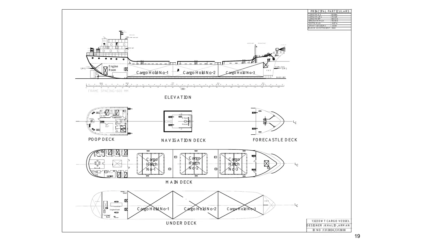 General arrangement drawing for the 1,300-tonne inland cargo vessel